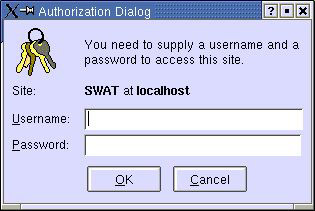 This figure shows the Authorization dialog box that allows only end users with root permission to access SWAT.