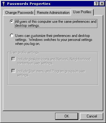 This figure shows the User Profiles page of the Passwords Properties dialog box, which is used to set the profiles for an end user.