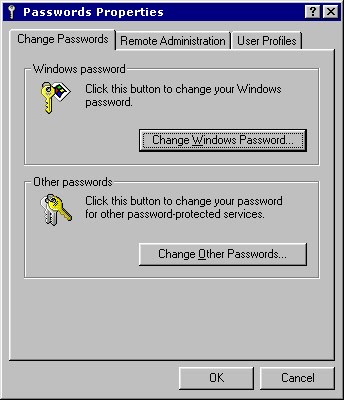 This figure shows the Change Passwords page of the Passwords Properties, which allows you to change the Windows password.
