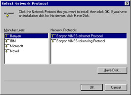  The figure shows the Select Network Protocol dialog box with the list of available Network Protocols.