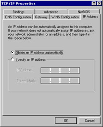  This figure shows the IP Address page of TCP/IP Properties dialog box used to specify the IP address and the subnet mask.