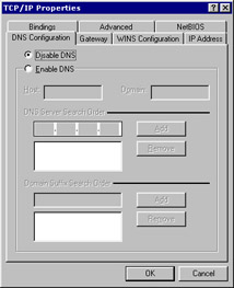  This figure shows the DNS Configuration page of the TCP/IP Properties dialog box. You can configure the DNS server using this page.