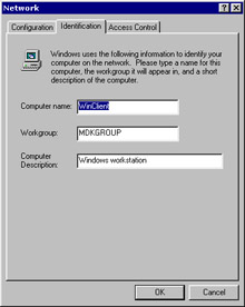  This figure shows the Identification page of the Network dialog box. You can specify the computer name, workgroup, and computer description using this page.