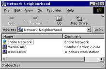  This figure shows the Network Neighborhood window with three objects: Entire Network, Mandrake, and Winclient.