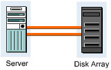 This figure shows a two-path point-to-point connection. It shows a server with two HBAs connected to the disk array.