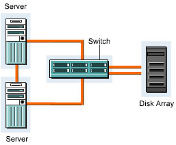 This figure shows simple fabric-based topology with a switch connecting the two servers to a disk array.