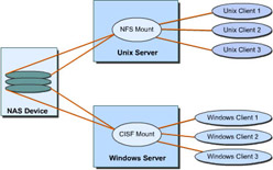  This figure shows NFS and CIFS mounts created for NAS device volumes.