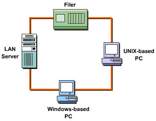 This figure illustrates a sample filer network on which UNIX- and Windows-based computers are connected.