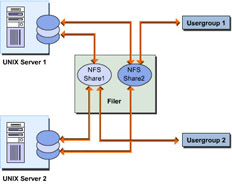  This figure illustrates a filer network with NFS shares created on the filer.