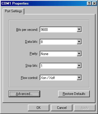 This figure illustrates the Microsoft Windows COM1 Properties dialog box.