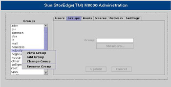  This figure shows the N8000 Filer Administration tool with the Groups pane active.