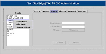  This figure shows the N8000 Filer Administration Tool with the Hosts pane active.