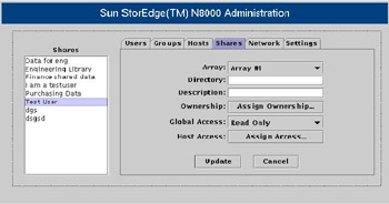  This figure shows the N8000 Filer Administration tool with the Shares pane active.