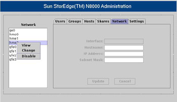  This figure shows the N8000 Filer Administration tool with the Network pane active.