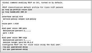  This figure shows the call rsvp-sync, ip rsvp pq-profile, service-policy, req-qos, and acc-qos commands that are used to configure RSVP with LLQ.