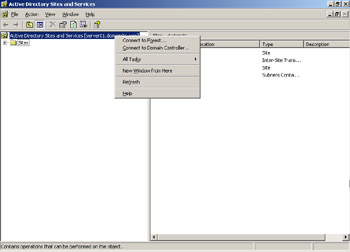  This figure shows how to configure the Active Directory Sites and Services settings for a specified forest, by using the shortcut menu.