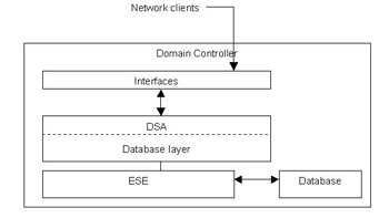  This figure shows the interfaces that help the network clients to communicate with the Active Directory database. The Extensible Storage Engine (ESE) manages the record tables in the database.
