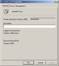 This figure shows the properties of domain01.com such as the domain functional level and the forest functional level.