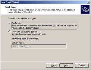  This figure shows the types of trust relationships that you can establish between the two domains, domain01.com and server.domain01.com.