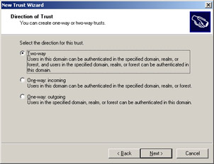  This figure shows the direction of the trust relationship to indicate if the members in a domain can be authenticated in the other domains.