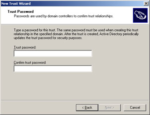  This figure shows the screen where you can type the password that helps a domain to authenticate the realm trust relationship.