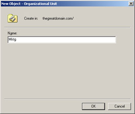  This figure shows the Name text box in the New Object   Organizational Unit dialog box, where you can specify the name of the OU.