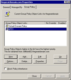  This figure shows the new GPO, GPO1, in the Group Policy Object Links pane.