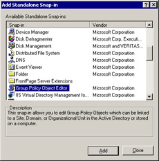  This figure shows the list of Snap-ins through which you can modify the GPOs. You can scroll down the list of snap-ins and select the Group Policy Object Editor snap-in from the dialog box.