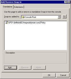  This figure shows the GPO1 policy added to the Console Root, which is the highest level in the domain structure.