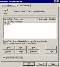  This figure shows the Block Policy Inheritance option selected. This option prevents the inheritance of policies from the higher level to the lower level of a domain in Active Directory.