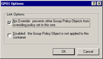  This figure shows the Link Options of GPO1. You can disable a GPO link by selecting the Disabled option, and can prevent the application of GPO settings to any object within a domain or OU.