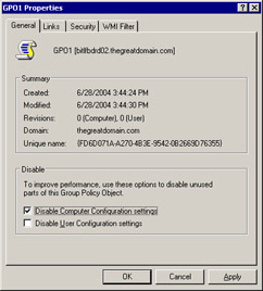  This figure shows the information about the GPO1 object, such as the date of creation and modification of the object, and the name of the domain in which the object is stored. The dialog box also contains the option to disable the Computer Configuration and User Configuration settings.