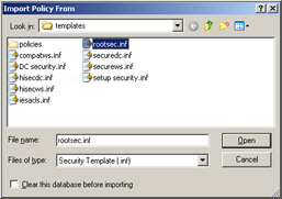  This figure shows the Import Policy From dialog box, which contains a list of security templates available in Windows.