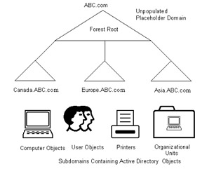  This figure shows the placeholder domain model that contains an unpopulated domain and a subdomain containing the Active Directory objects.