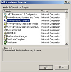  This figure shows the Add Standalone Snap-in dialog box with Active Directory Schema selected.