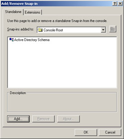  This figure shows the Add/Remove Snap-in dialog box containing the icon for Active Directory Schema snap-in.