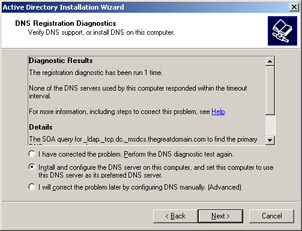  This figure shows the DNS Registration Diagnostics screen, which contains options to verify DNS support or install DNS on the computer.