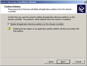  This figure shows the Confirm Deletion screen that contains the Delete all application directory partitions on this domain controller check box.