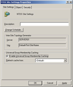  This figure shows the NTDS Site Settings Properties dialog box, which contains the Enable Universal Group Membership Caching check box.