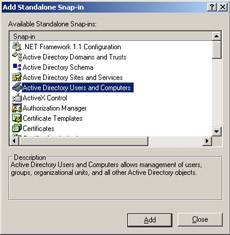  This figure shows the Add Standalone Snap-in dialog box with the Active Directory Users and Computers tool selected.