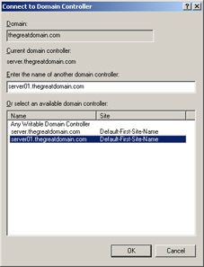  This figure shows the Connect to Domain Controller dialog box, which contains the Enter the name of another domain controller text box.