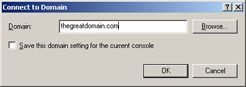  This figure shows the Connect to Domain dialog box, which contains the domain text box and Browse button. You can use the Browse button to select a domain to connect a computer to it.