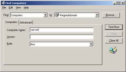  This figure shows the Find dialog box, which contains the Computer Name and Owner text boxes, and the Role list box.