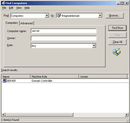  This figure shows the Find Computers dialog box, which contains the search results in the Search results section.