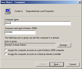  This figure shows the New Object - Computer Wizard screen that contains the Computer name text box, where you can enter a name for the computer.