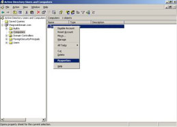  This figure shows the Active Directory Users and Computers window containing the shortcut menu for the johnm computer account.