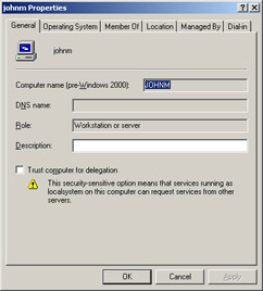  This figure shows the Properties dialog box that contains various tabs, such as General, Operating System, Member Of, Location, Managed by, and Dial-in.