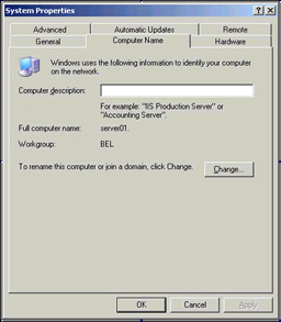  This figure shows the Computer Name tab page in the System Properties dialog box. The Computer Name tab page contains the Change button that helps you to join a computer to a domain.