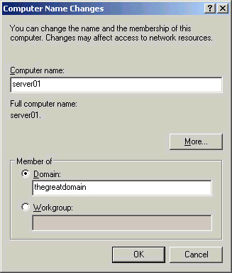 This figure shows the Computer Name Changes dialog box that contains two radio buttons, Domain and Workgroup, which help you to join a computer to a domain or workgroup.