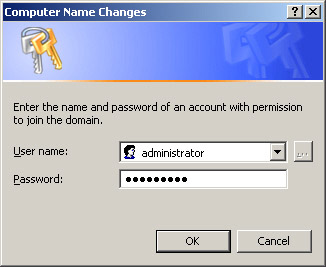 This figure shows the dialog box that helps you to enter the user name and password for the domain to which you want to join the computer.